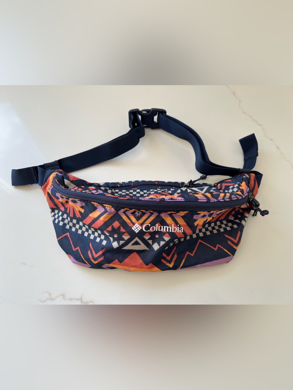 Columbia Navy Geometric Print Belt Bag with Orange Accents Fanny Pack